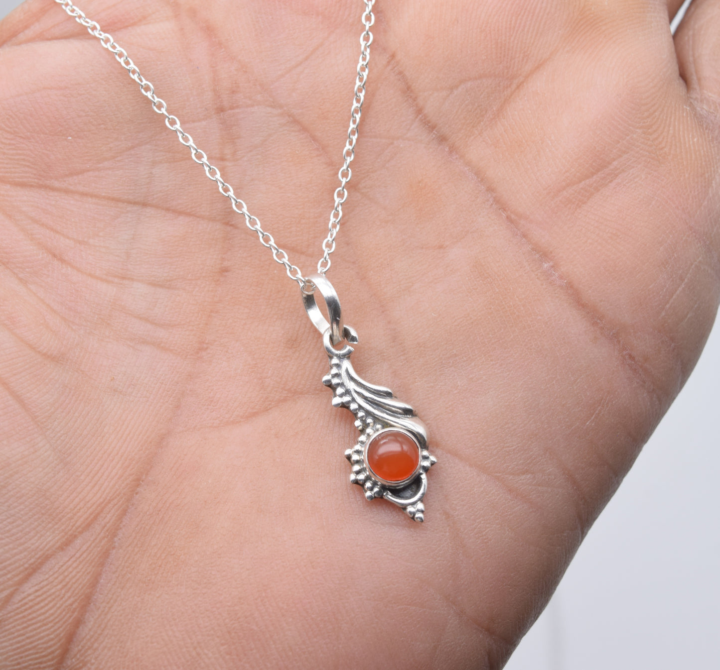 925 Solid Sterling Silver Red Carnelian Chain Pendant -19 Inch