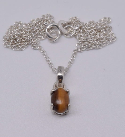 925 Solid Sterling Silver Tiger Eye Chain Pendant-18.6 Inch