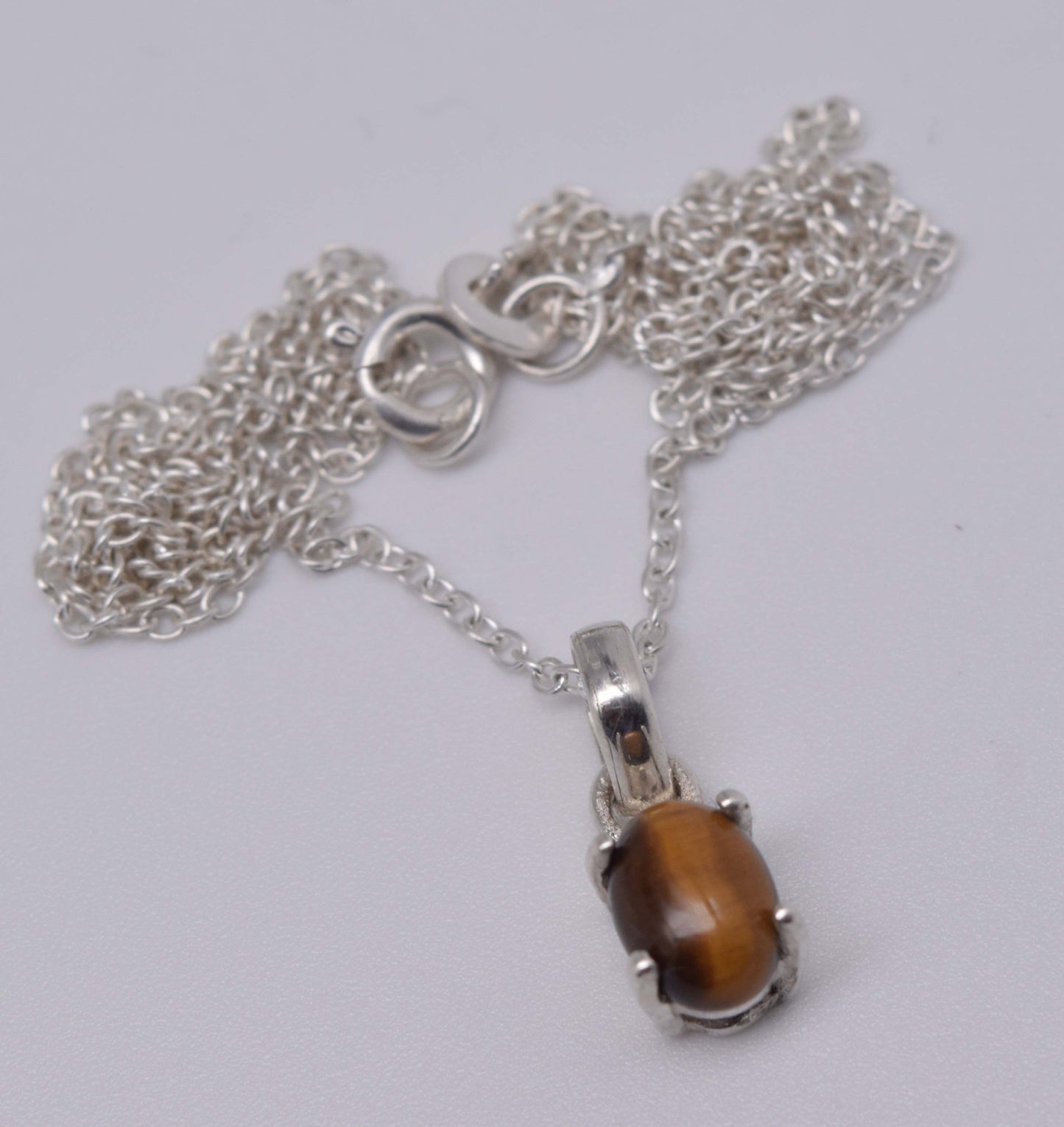 925 Solid Sterling Silver Tiger Eye Chain Pendant-18.6 Inch