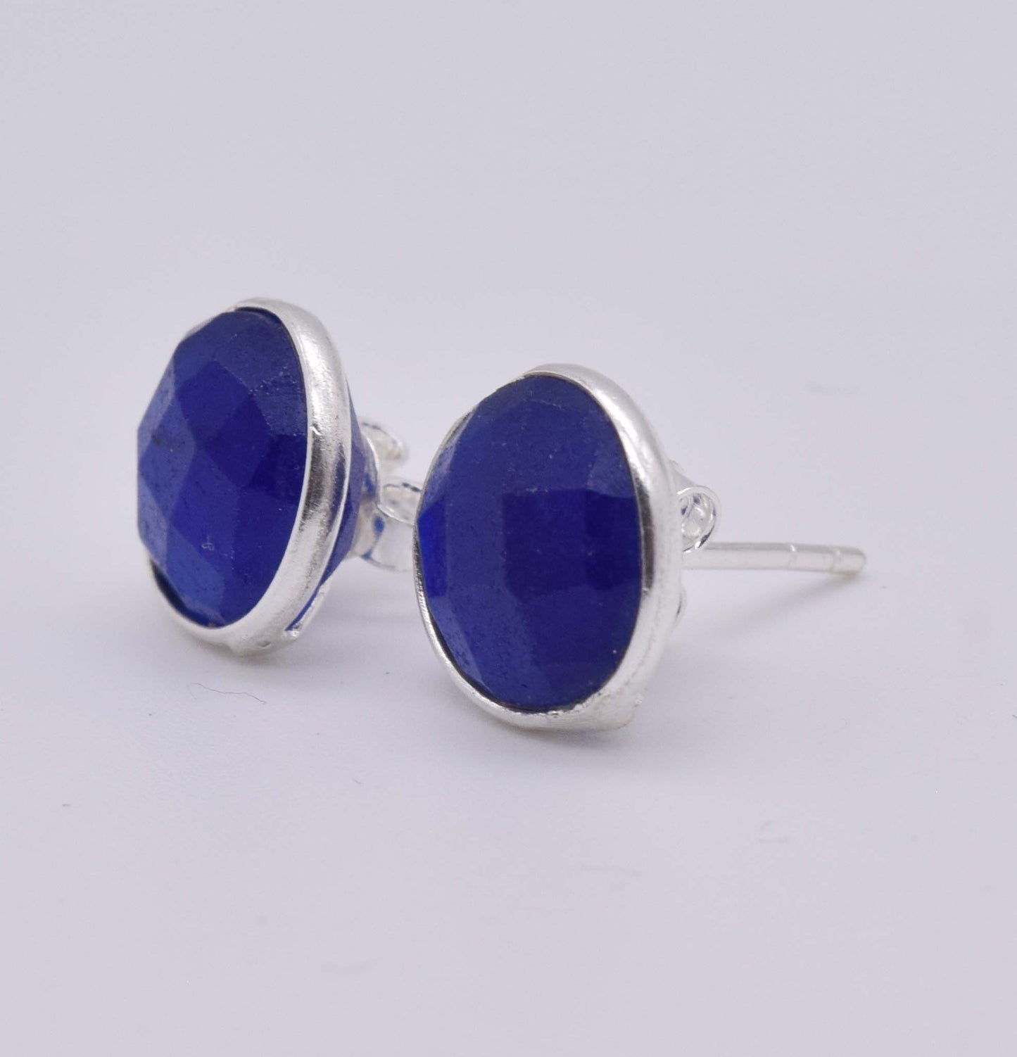 925 Solid Sterling Silver Simulated Faceted Blue Sapphire Stud Earring
