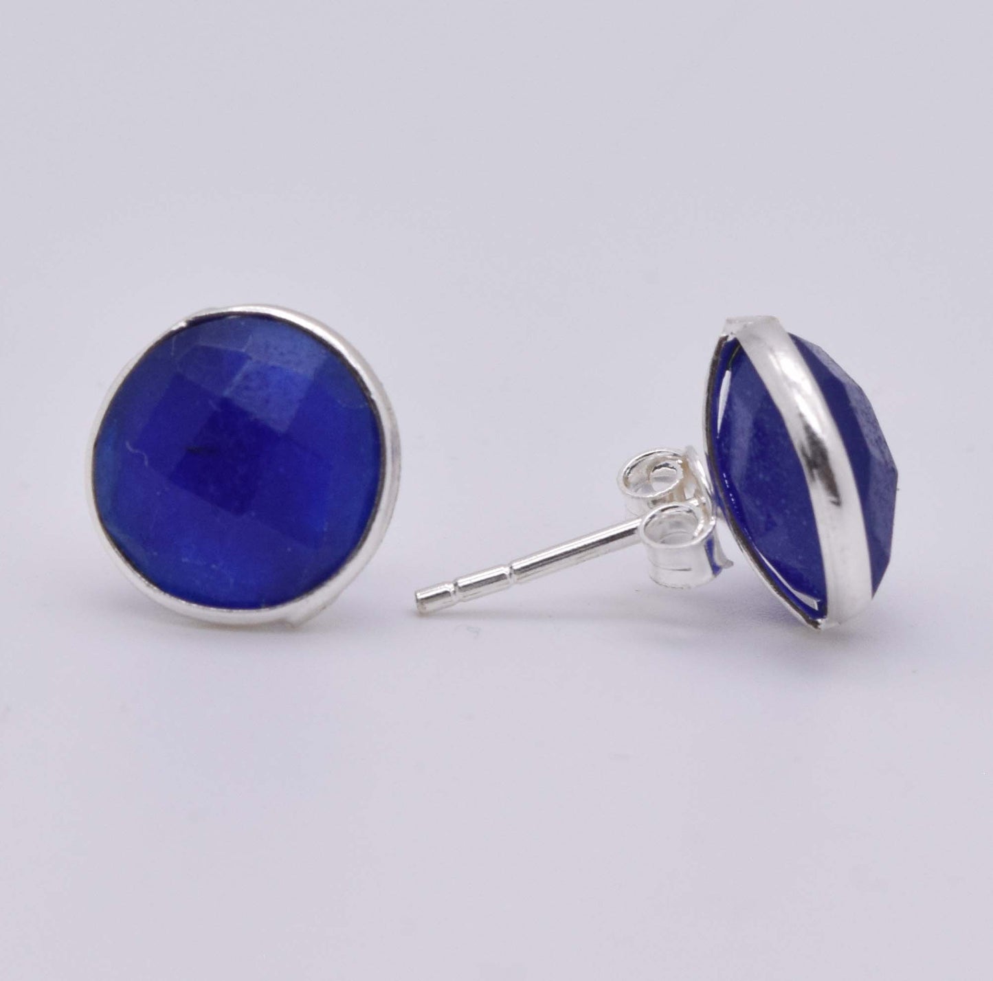 925 Solid Sterling Silver Simulated Faceted Blue Sapphire Stud Earring