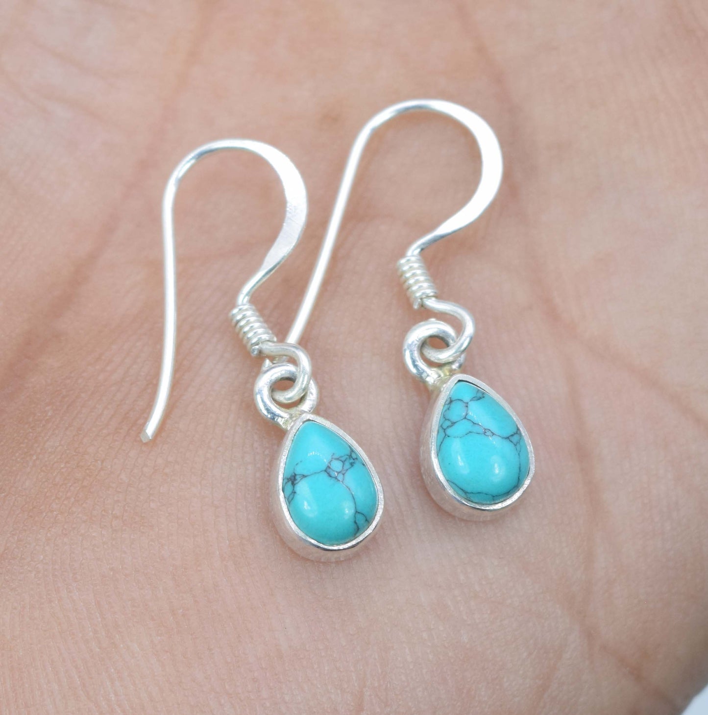 925 Solid Sterling Silver Blue Turquoise Hook Earring-0.8 Inch