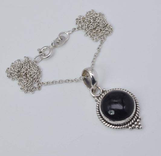 925 Solid Sterling Silver Black Onyx Chain Pendant-19 Inch