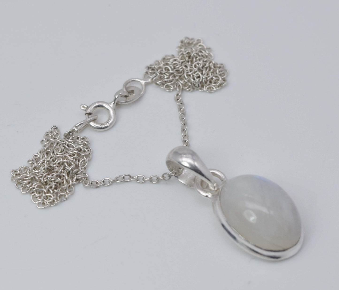 925 Solid Sterling Silver White Rainbow Moonstone Chain Pendant -19 Inch