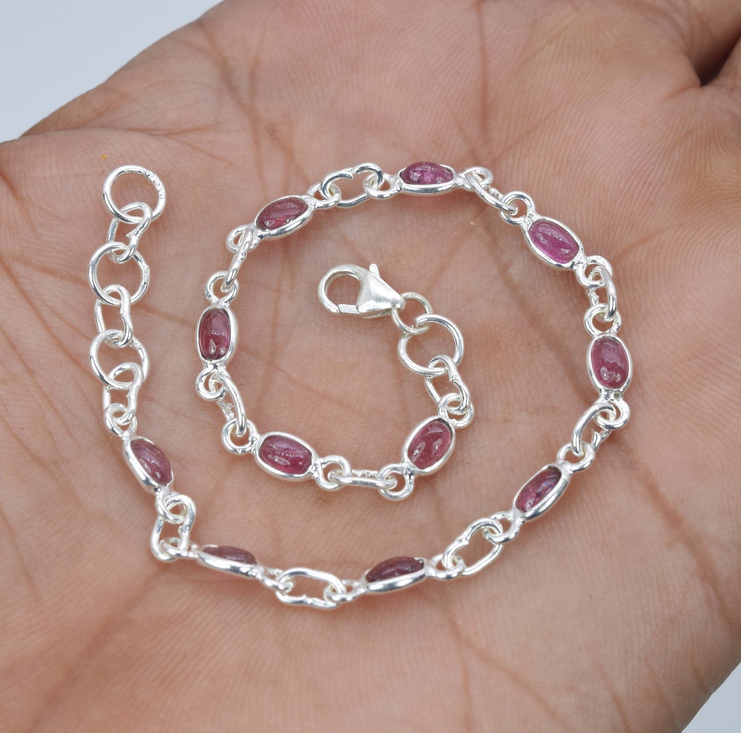 925 Solid Sterling Silver Pink Tourmaline HANDMADE BRACELET -7.8 Inch