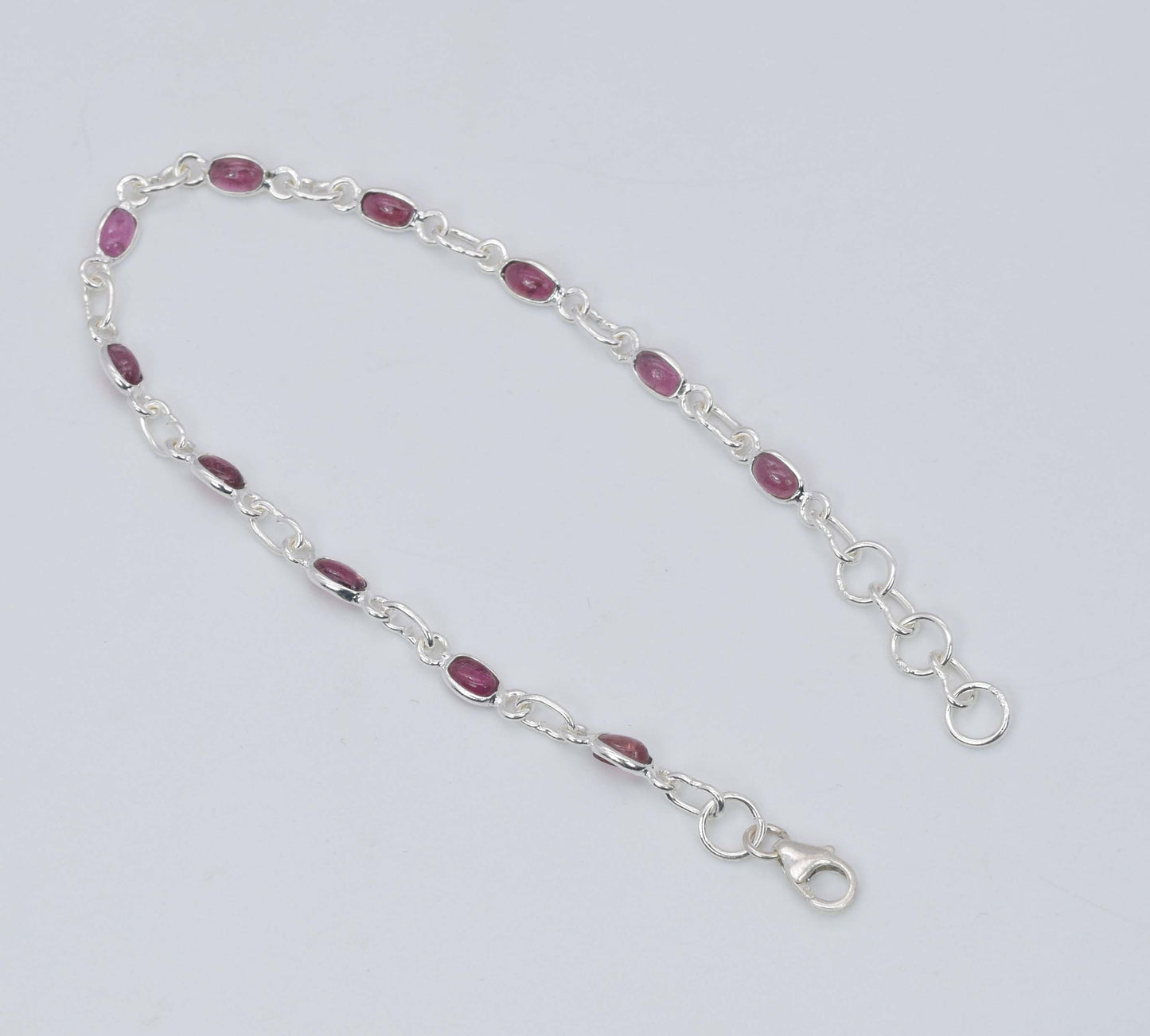925 Solid Sterling Silver Pink Tourmaline HANDMADE BRACELET -7.8 Inch
