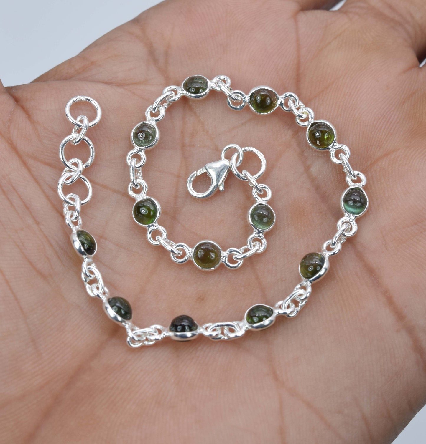 925 Solid Sterling Silver Green Tourmaline HANDMADE BRACELET -8 Inch