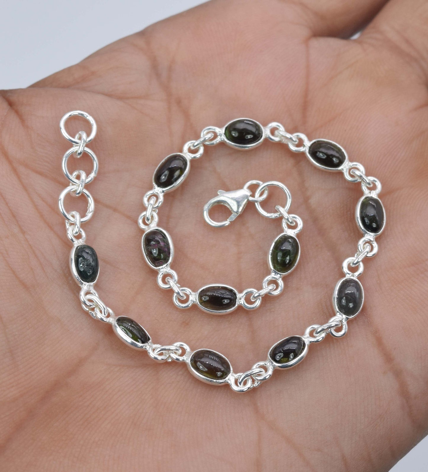 925 Solid Sterling Silver Green Tourmaline HANDMADE BRACELET -7.8 Inch