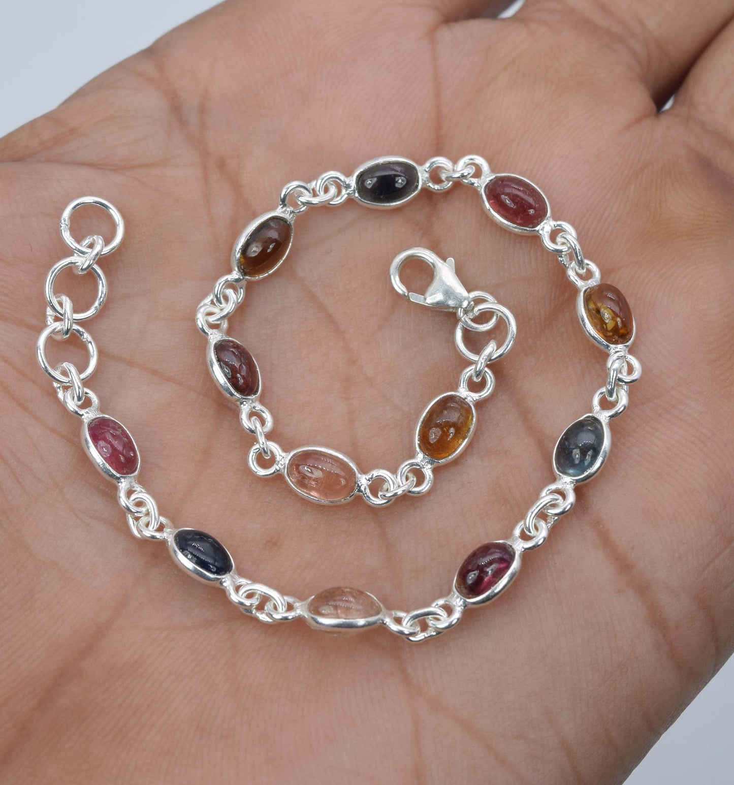 925 Solid Sterling Silver Pink Tourmaline Green Tourmaline HANDMADE BRACELET