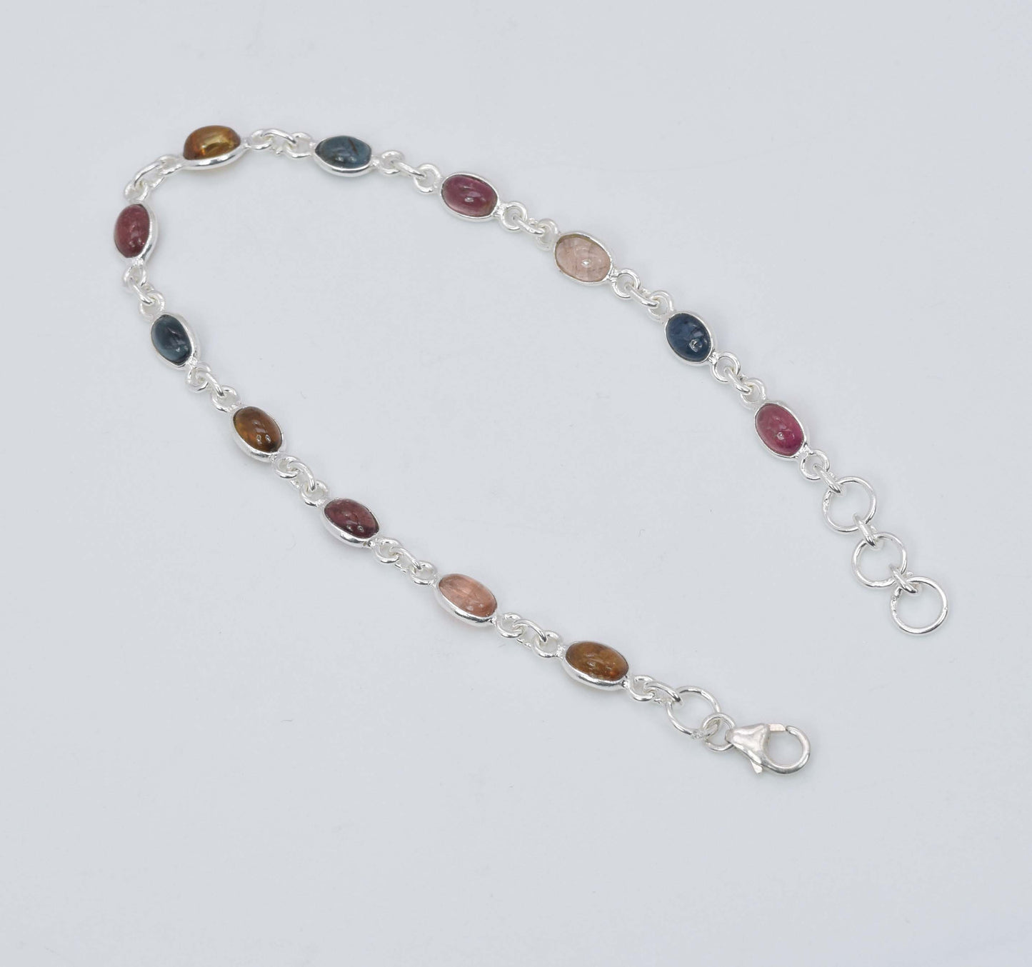 925 Solid Sterling Silver Pink Tourmaline Green Tourmaline HANDMADE BRACELET