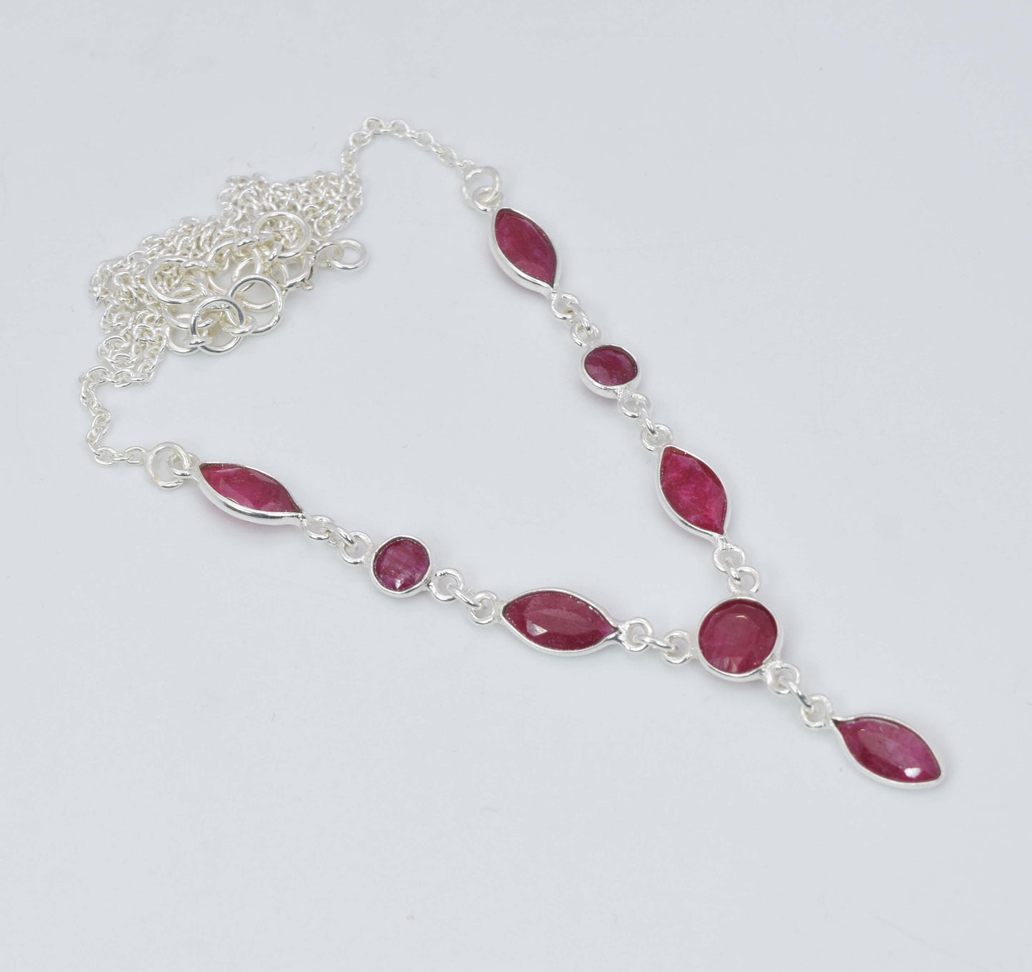 925 Solid Sterling Silver Cut Simulated Red Ruby Necklace -20 Inch