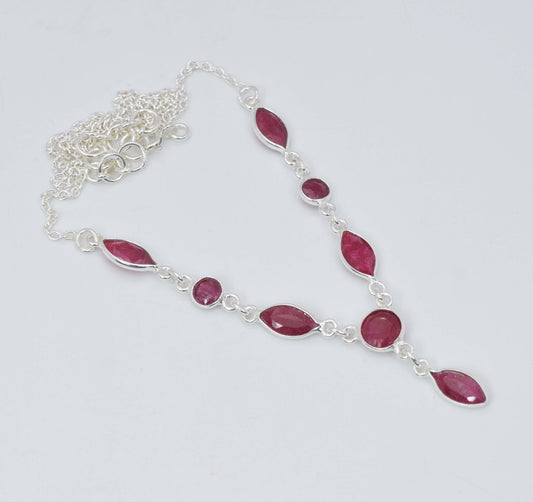 925 Solid Sterling Silver Cut Simulated Red Ruby Necklace -20 Inch