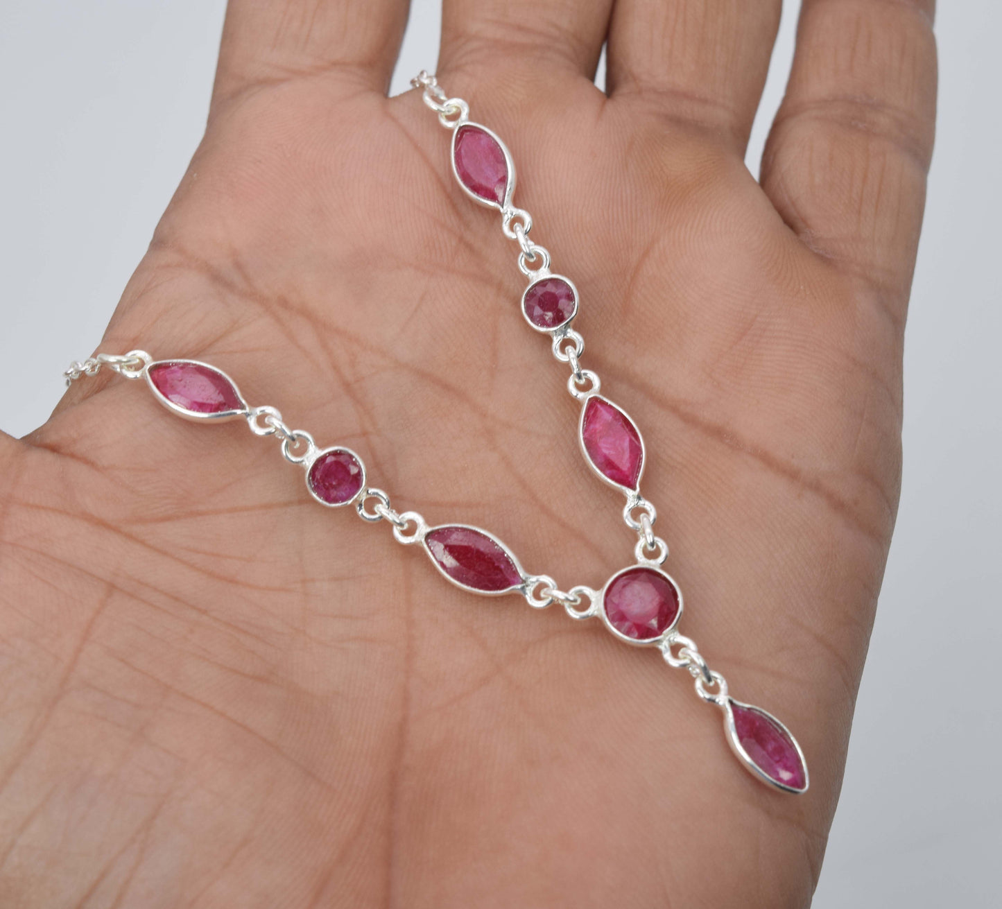 925 Solid Sterling Silver Cut Simulated Red Ruby Necklace -20 Inch