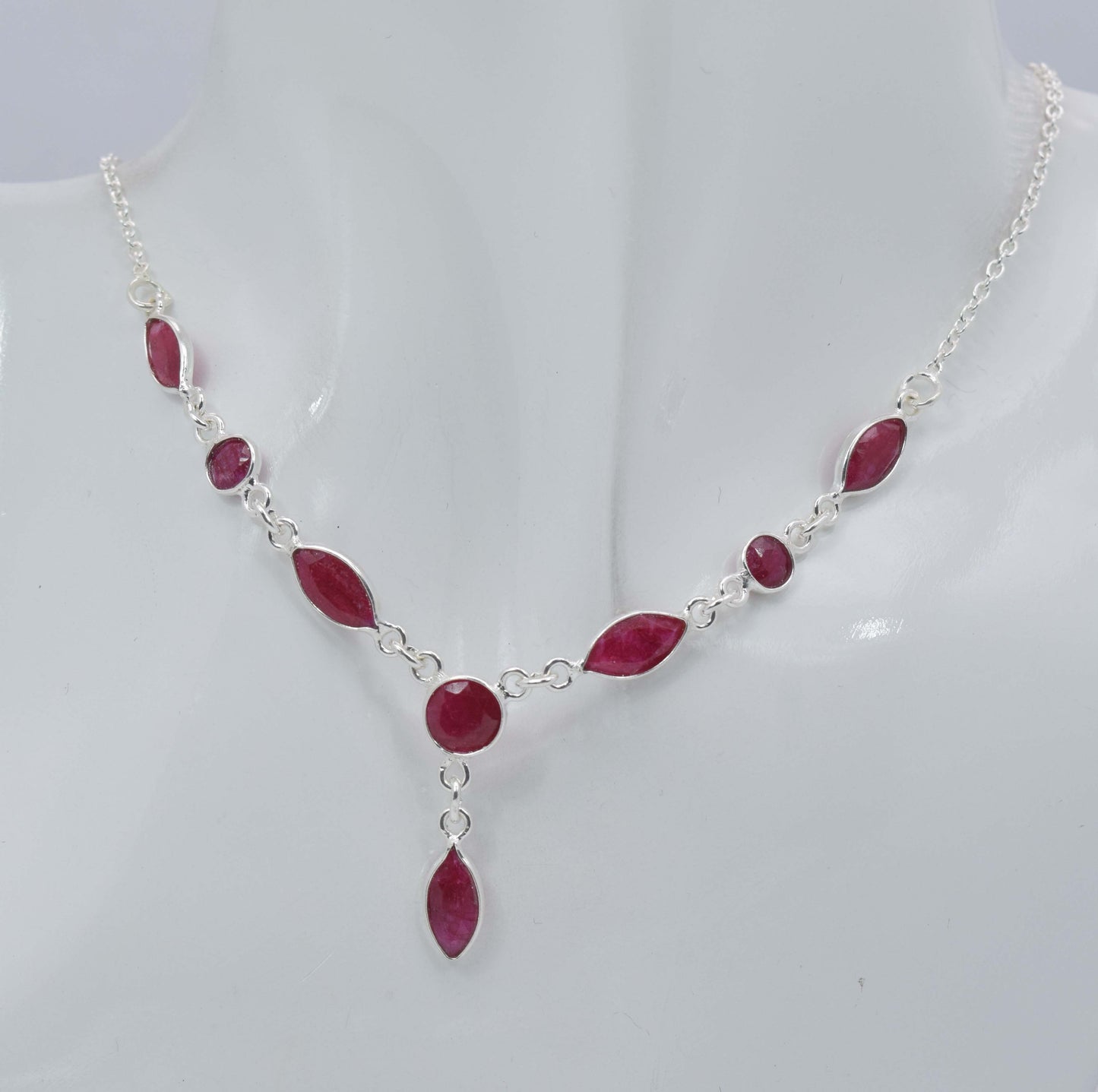 925 Solid Sterling Silver Cut Simulated Red Ruby Necklace -20 Inch