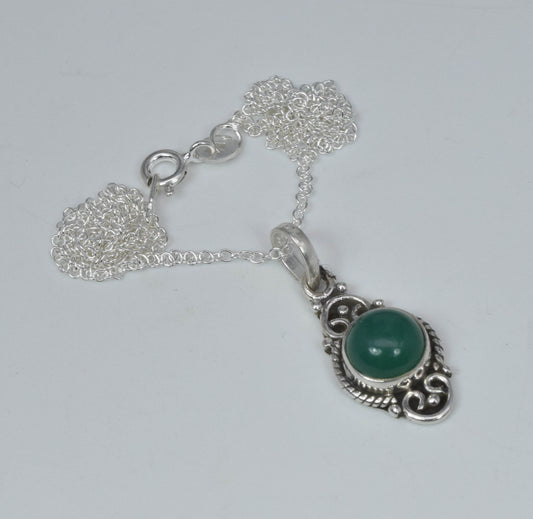 925 Solid Sterling Silver Green Onyx Chain Pendant