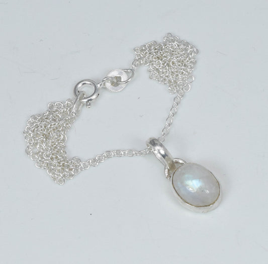 925 Solid Sterling Silver White Rainbow Moonstone Chain Pendant