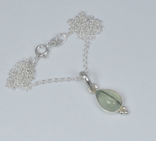 925 Solid Sterling Silver Green Prehnite Chain Pendant