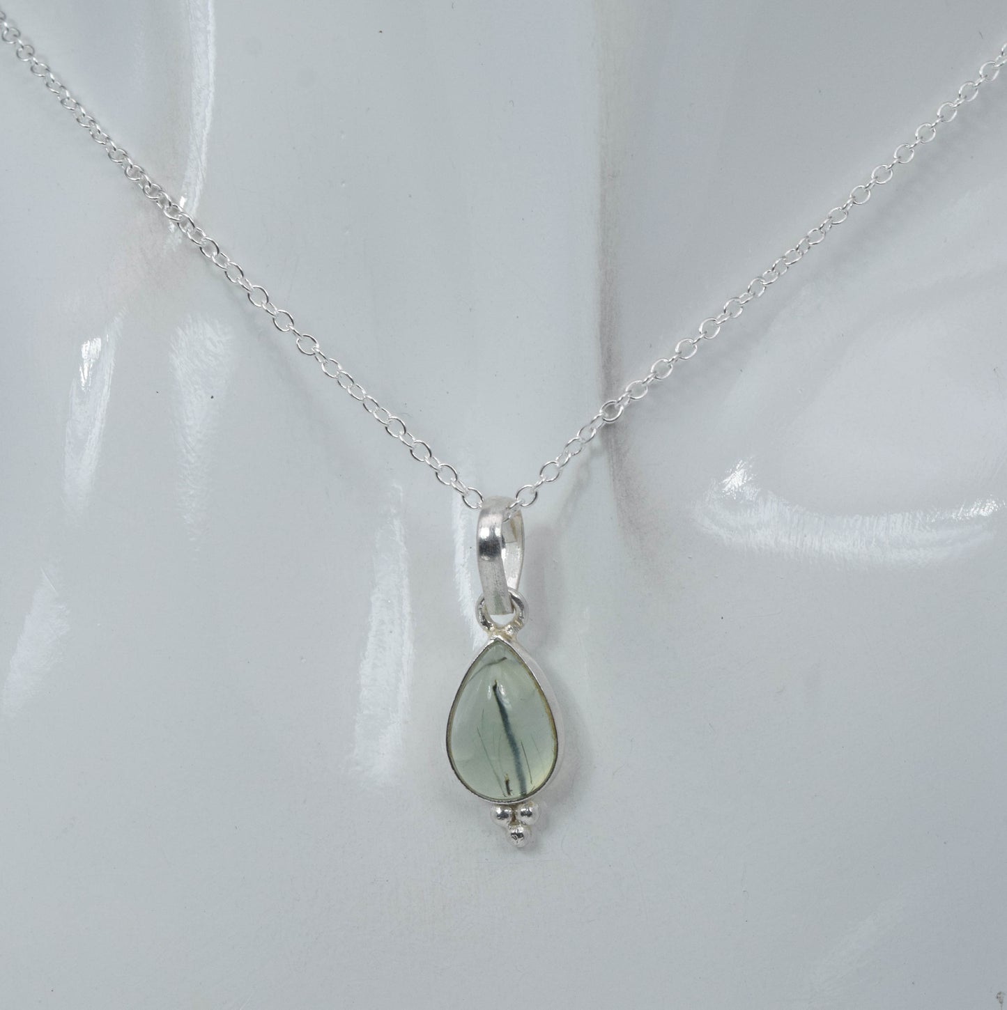 925 Solid Sterling Silver Green Prehnite Chain Pendant