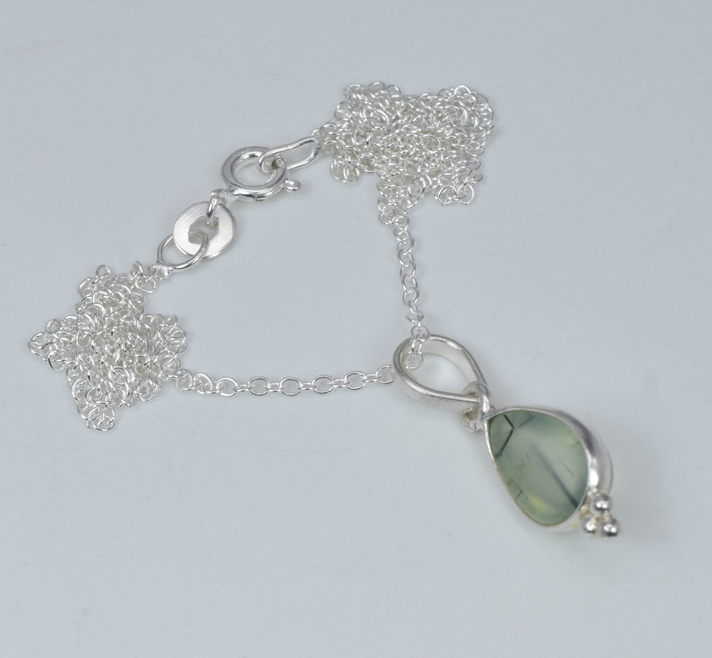 925 Solid Sterling Silver Green Prehnite Chain Pendant