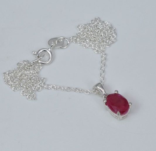 925 Solid Sterling Silver Faceted Simulated Red Ruby Chain Pendant