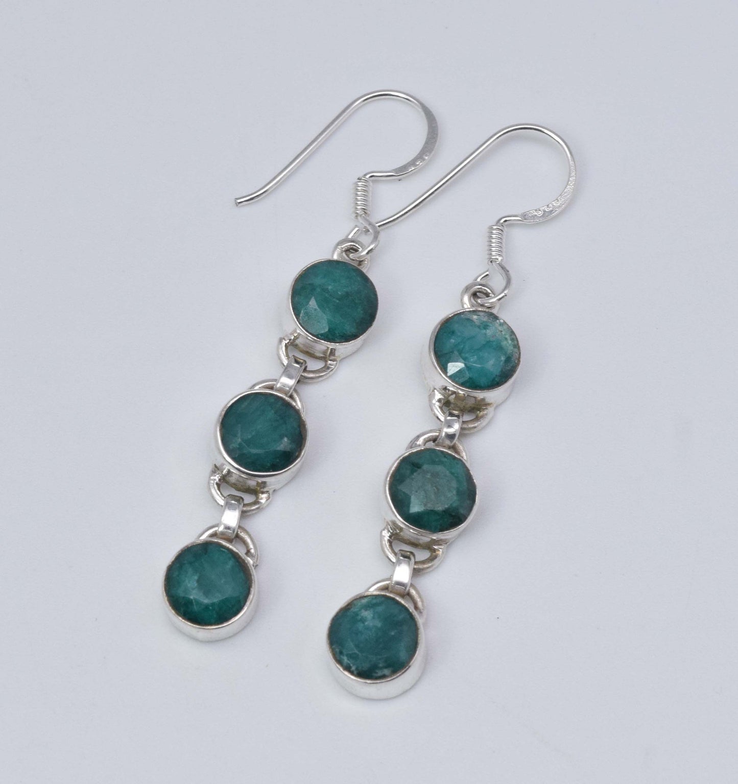 925 Solid Sterling Silver Cut Simulated Green Emerald Hook Earring-2 Inch