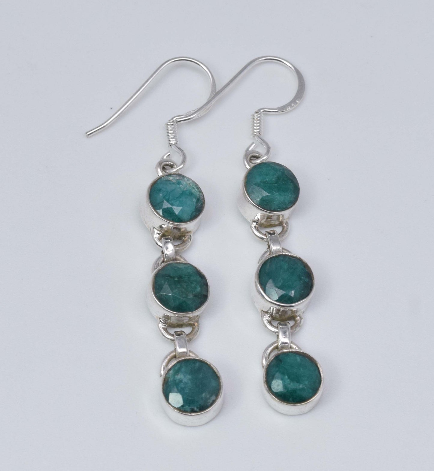 925 Solid Sterling Silver Cut Simulated Green Emerald Hook Earring-2 Inch
