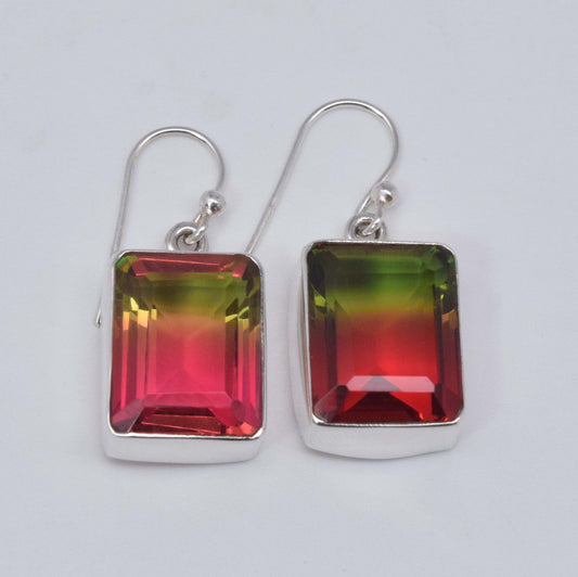925 Solid Sterling Silver Faceted Watermelon Quartz Hook Earring-1.2 Inch