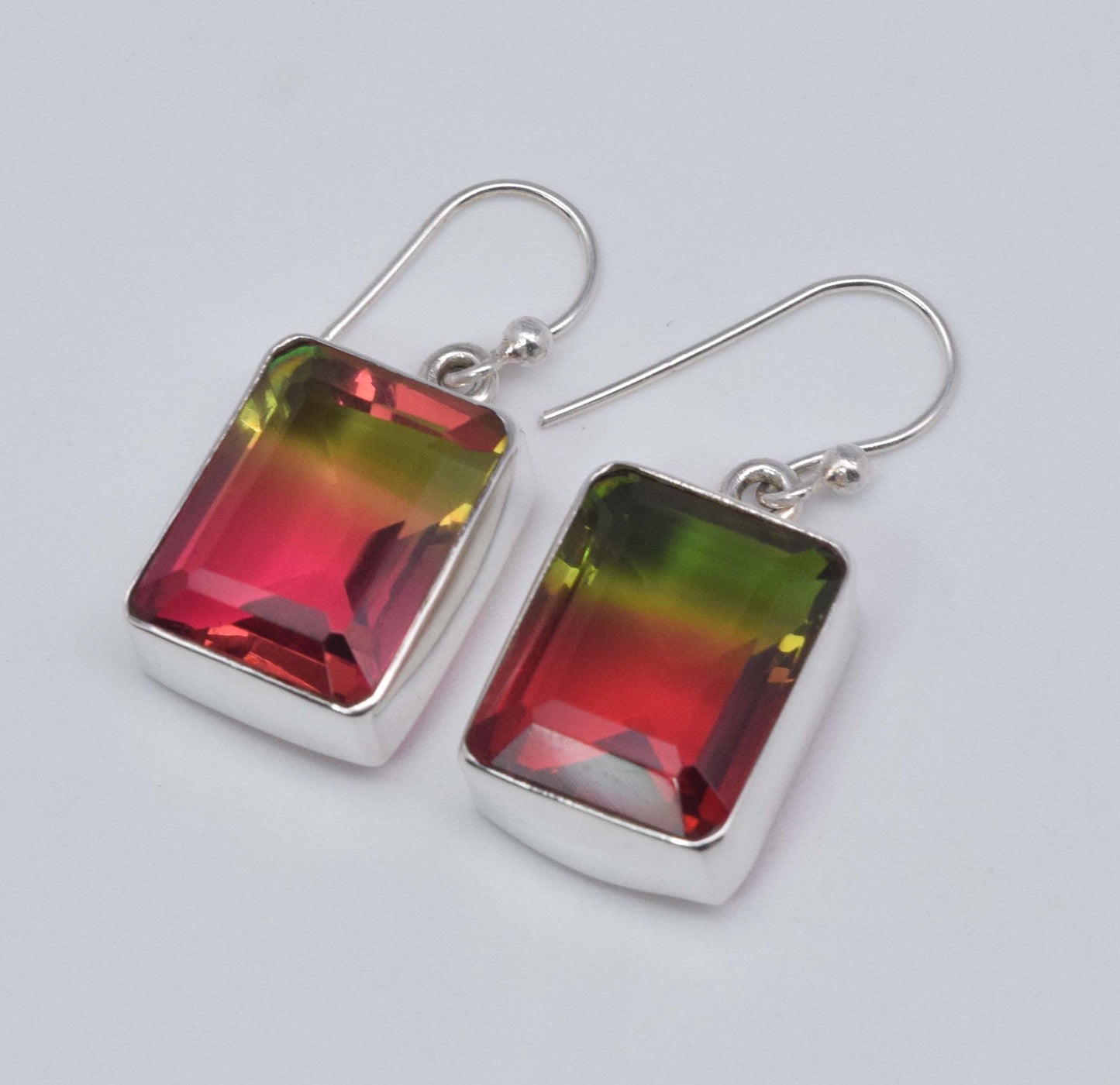 925 Solid Sterling Silver Faceted Watermelon Quartz Hook Earring-1.2 Inch