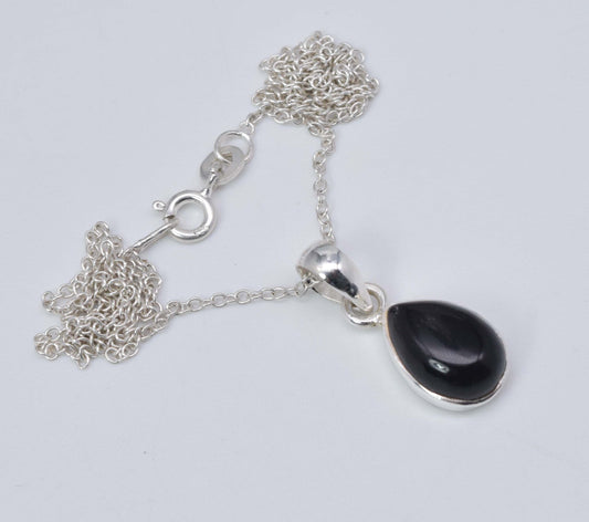 925 Solid Sterling Silver Black Onyx Chain Pendant-19 Inch
