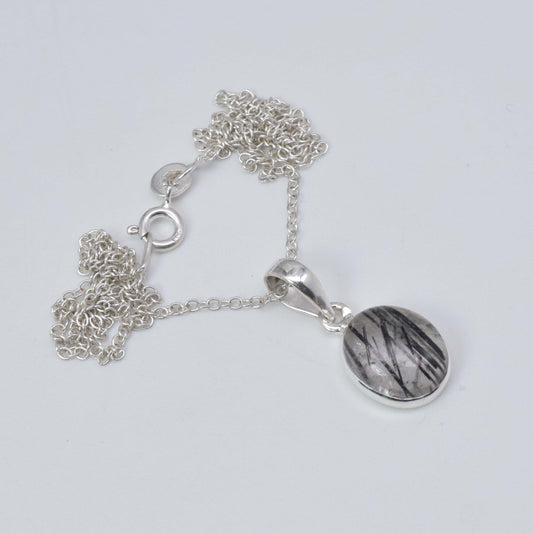 925 Solid Sterling Silver Black Rutile Chain Pendant-18.8 Inch