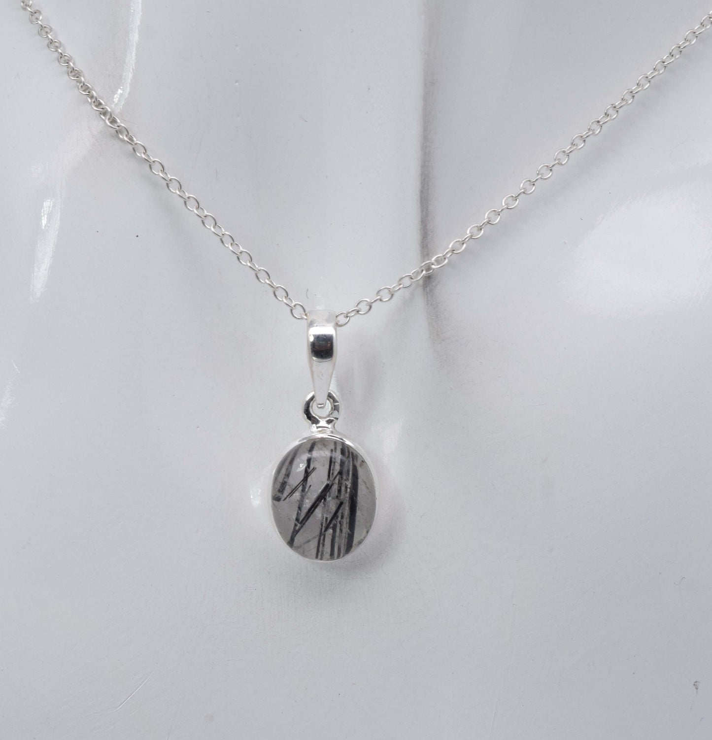 925 Solid Sterling Silver Black Rutile Chain Pendant-18.8 Inch