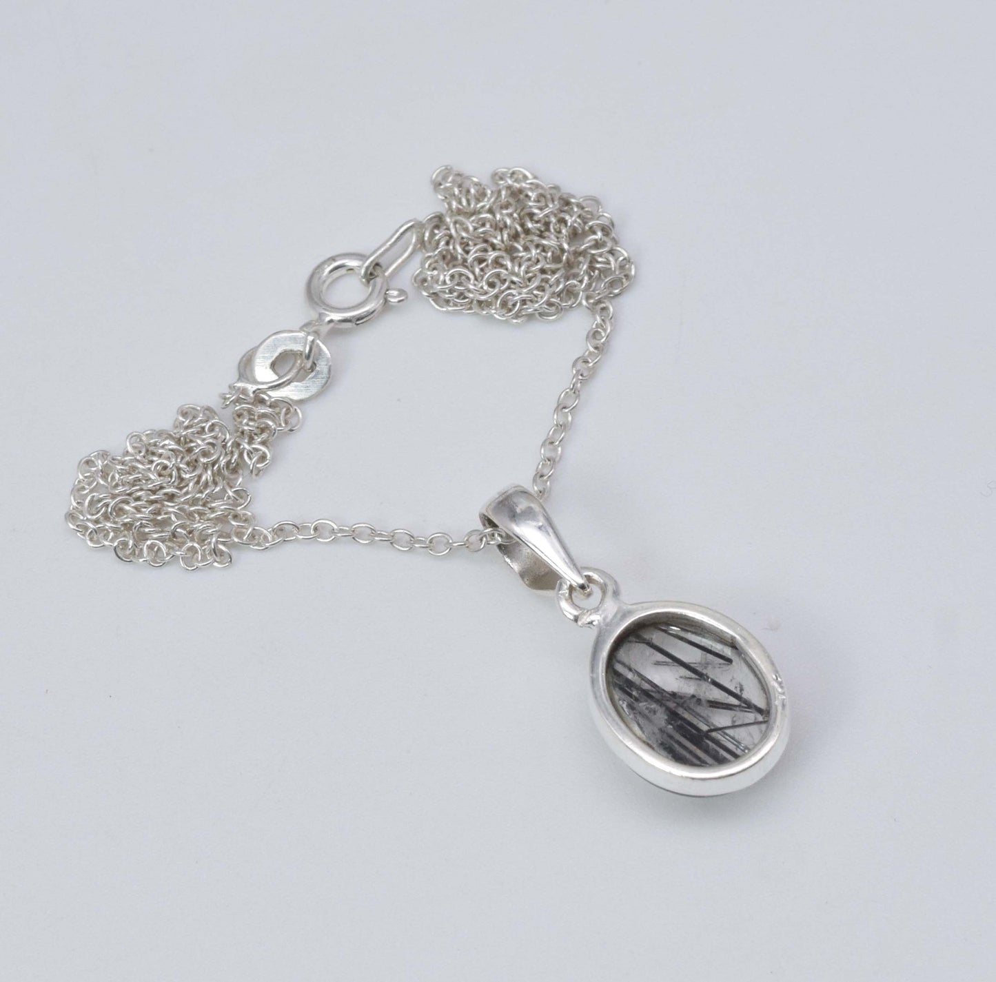 925 Solid Sterling Silver Black Rutile Chain Pendant-18.8 Inch