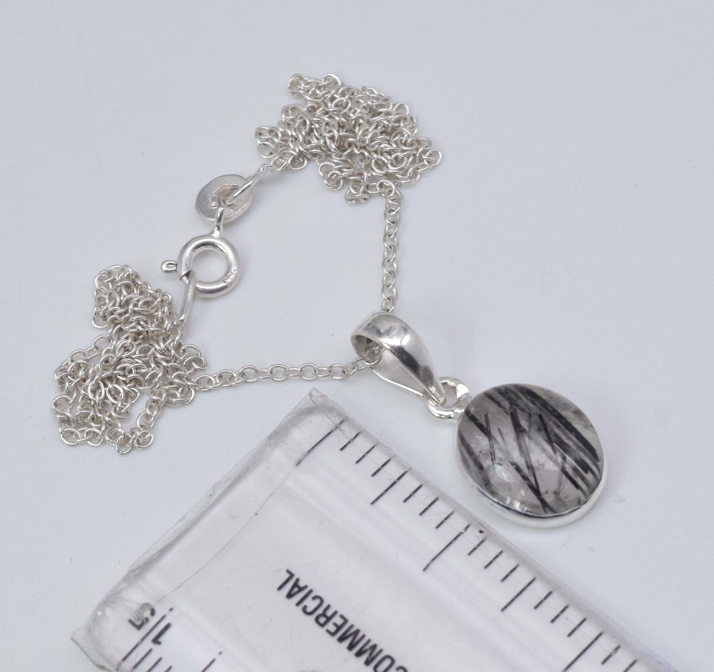 925 Solid Sterling Silver Black Rutile Chain Pendant-18.8 Inch