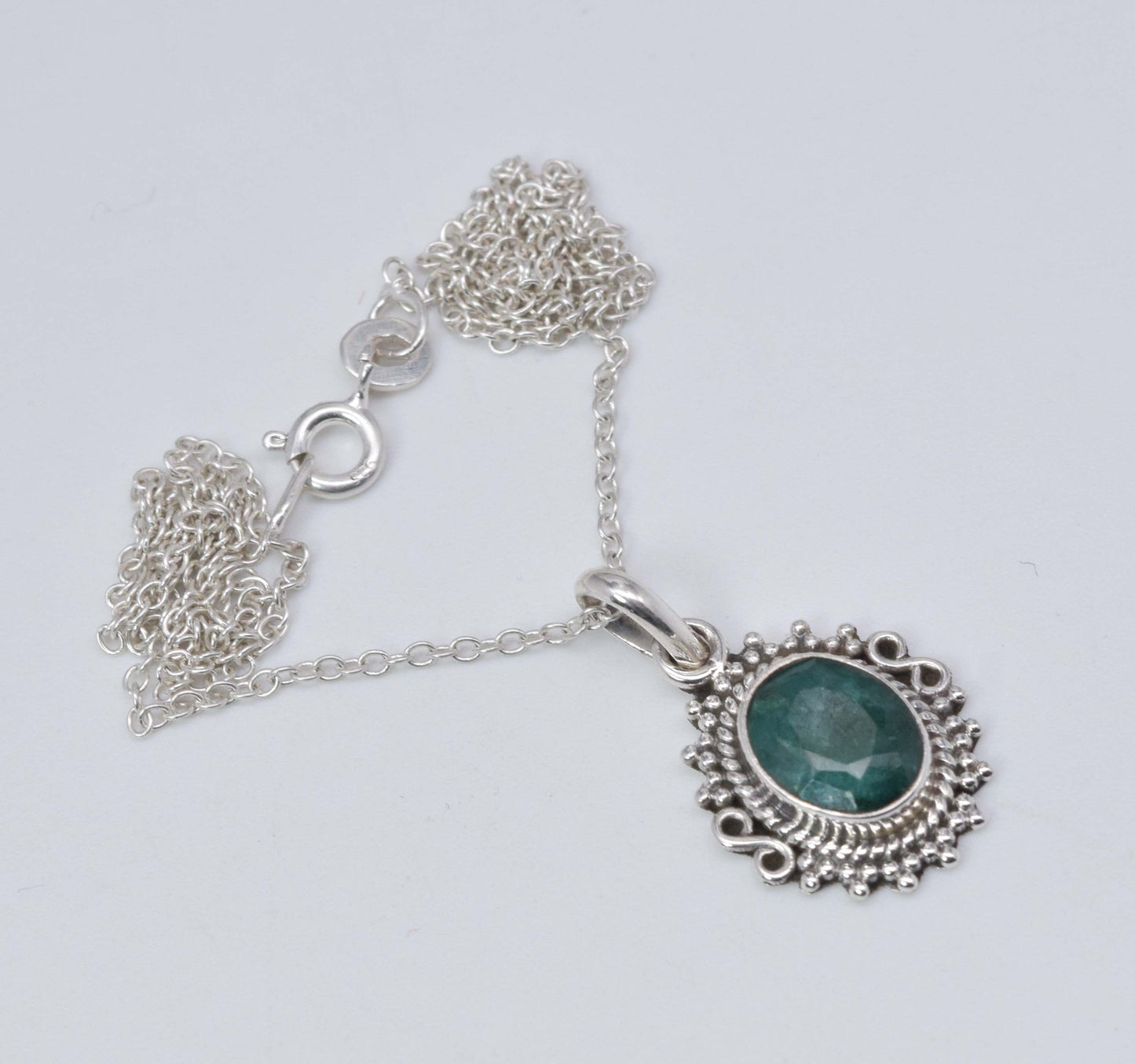 925 Solid Sterling Silver Cut Simulated Green Emerald Chain Pendant-18.8 Inch