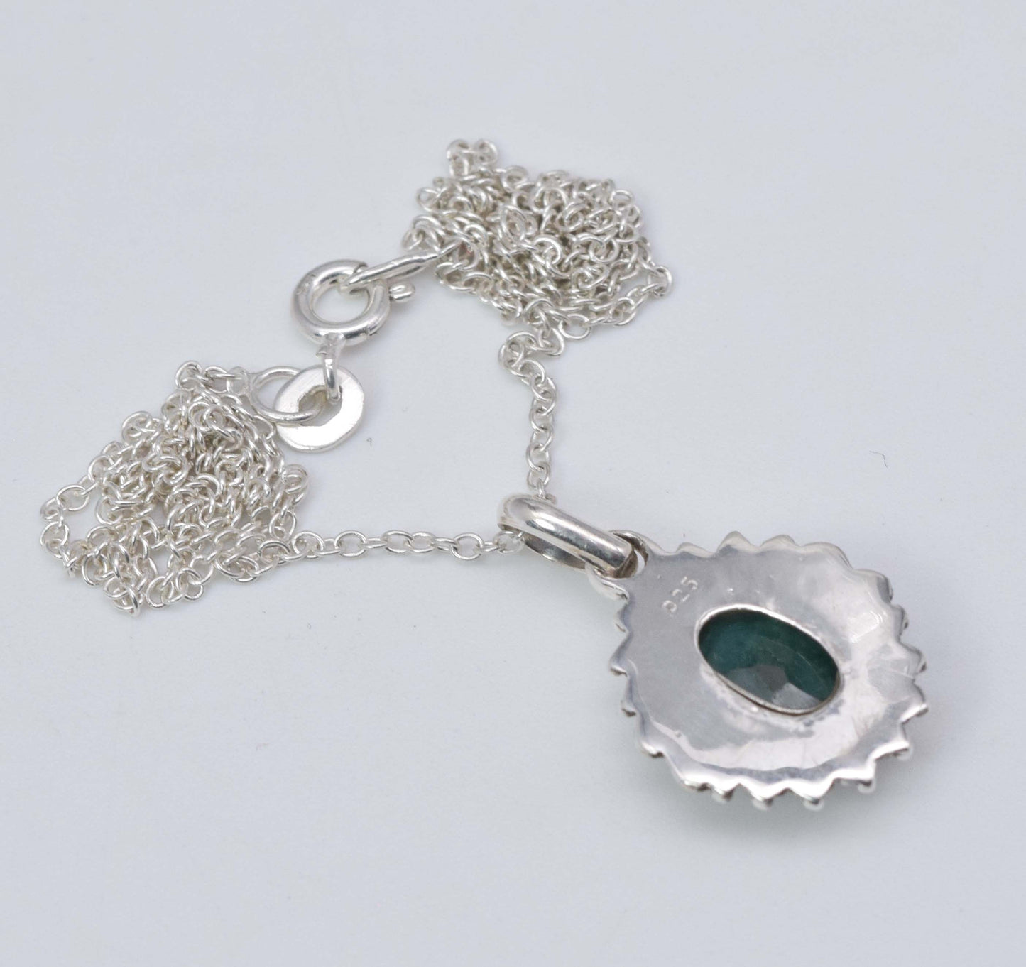 925 Solid Sterling Silver Cut Simulated Green Emerald Chain Pendant-18.8 Inch