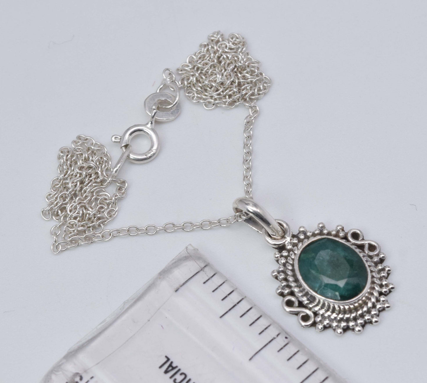 925 Solid Sterling Silver Cut Simulated Green Emerald Chain Pendant-18.8 Inch