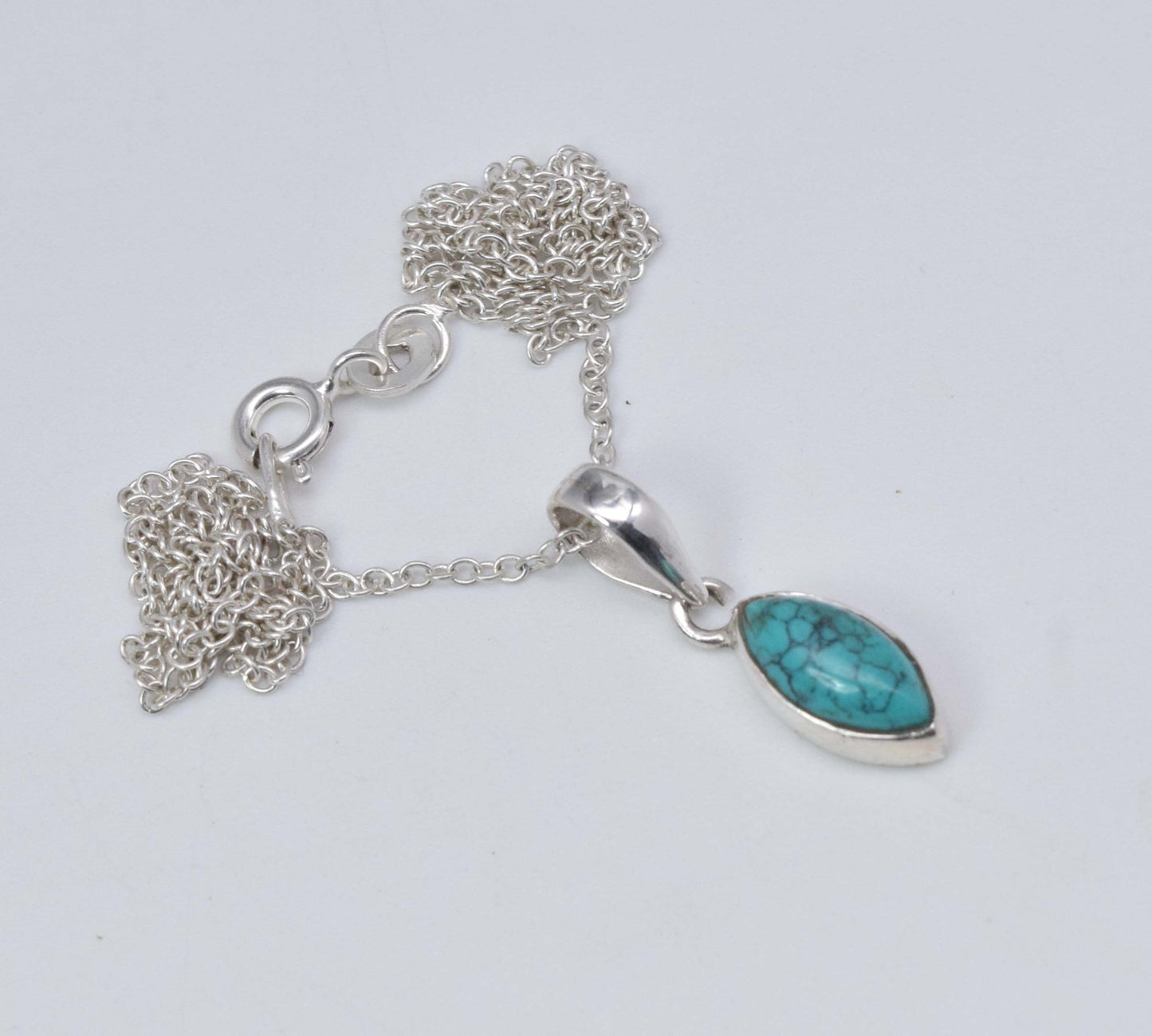 925 Solid Sterling Silver Blue Turquoise Chain Pendant-18.8 Inch