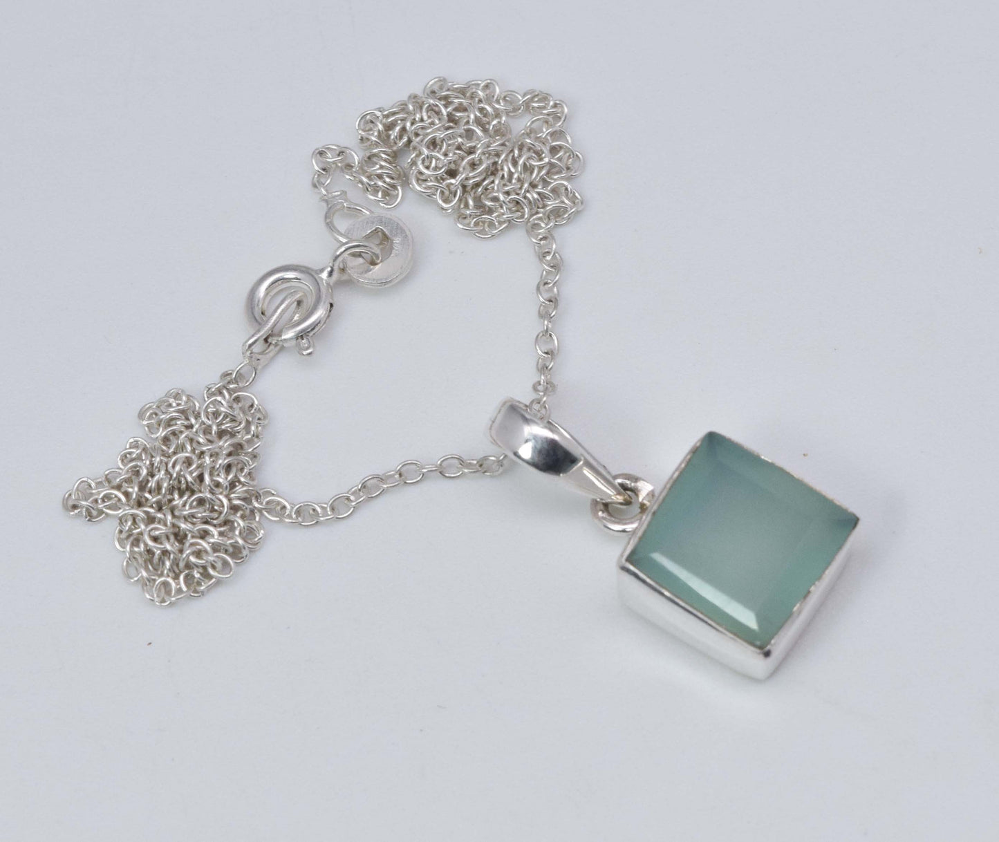 925 Solid Sterling Silver Faceted Aqua Chalcedony Chain Pendant-18.8 Inch