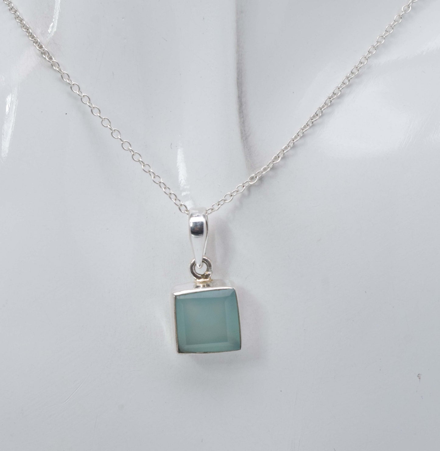 925 Solid Sterling Silver Faceted Aqua Chalcedony Chain Pendant-18.8 Inch