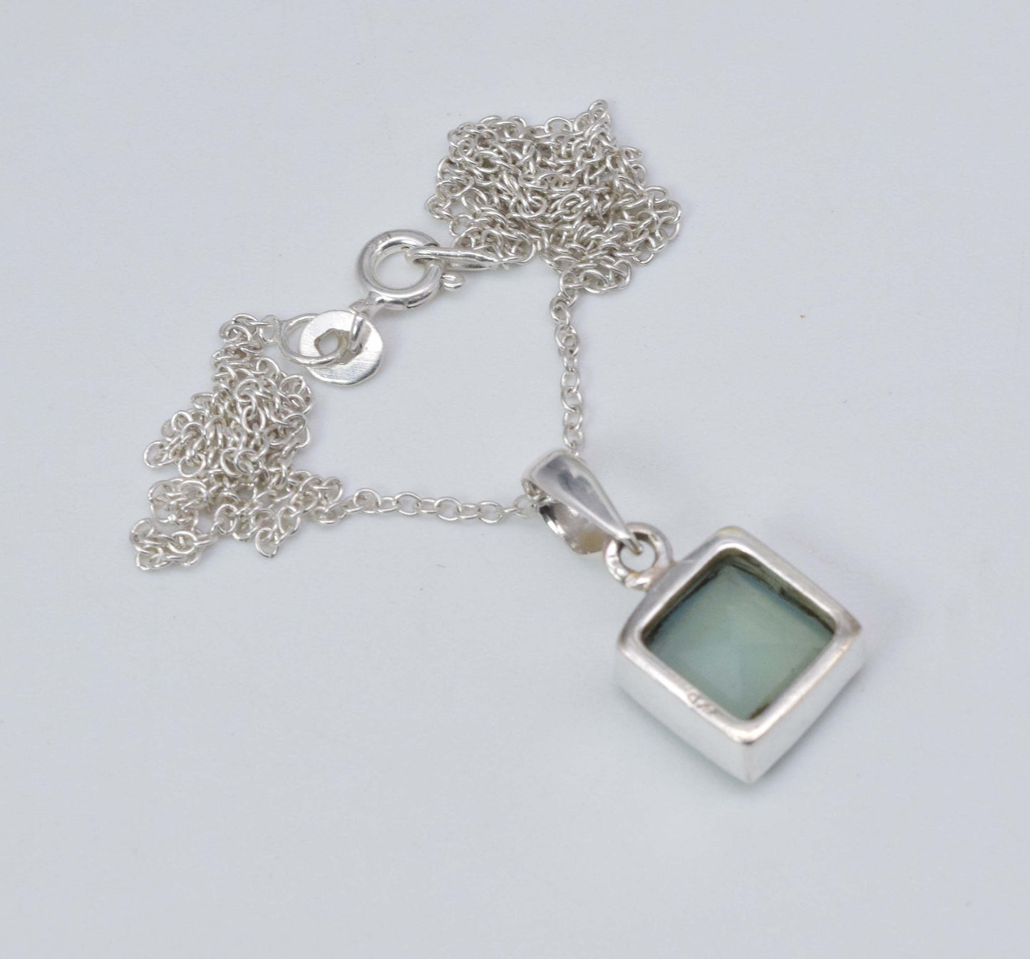 925 Solid Sterling Silver Faceted Aqua Chalcedony Chain Pendant-18.8 Inch
