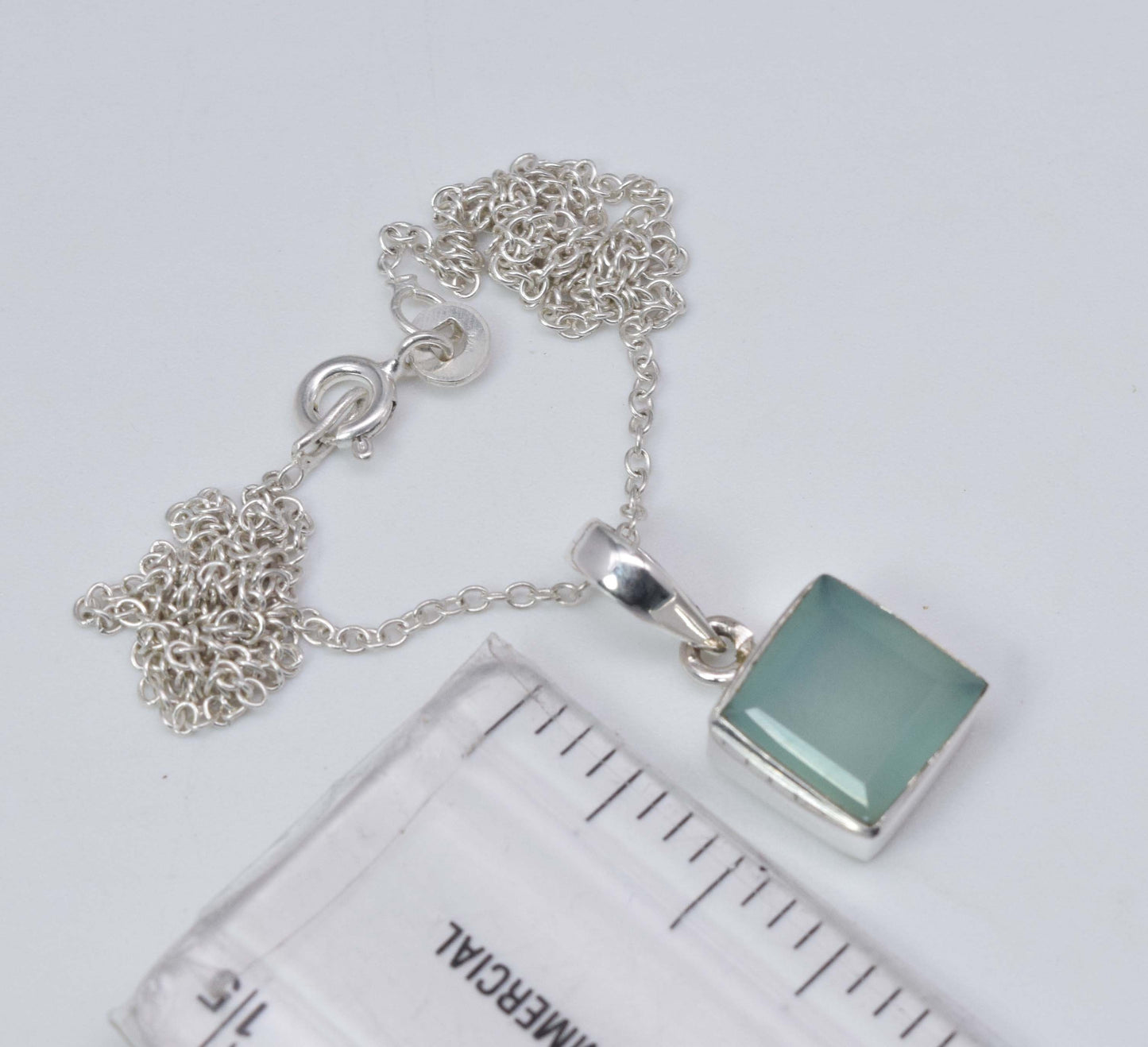 925 Solid Sterling Silver Faceted Aqua Chalcedony Chain Pendant-18.8 Inch