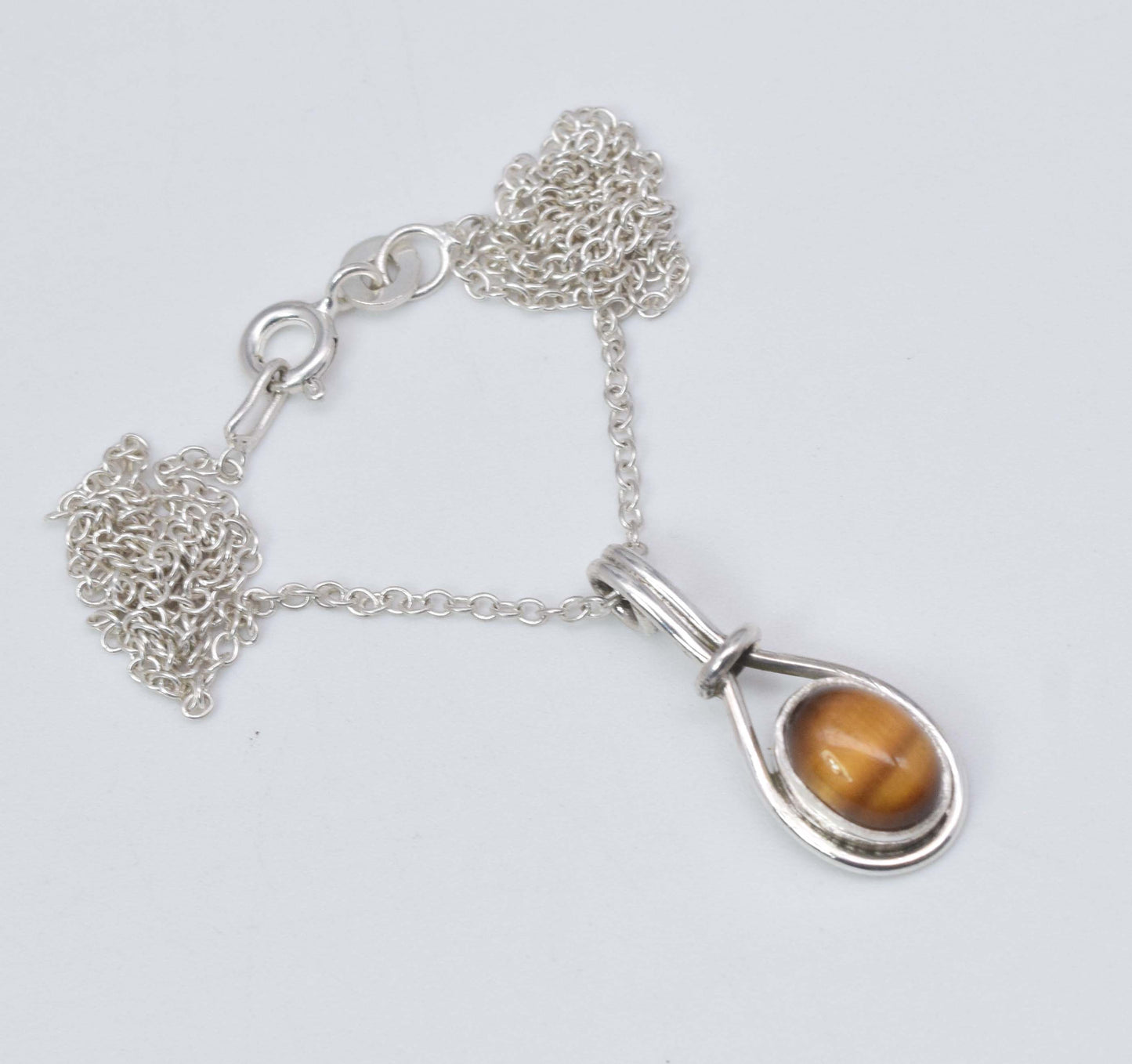 925 Solid Sterling Silver Tiger's Eye Chain Pendant-18.7 Inch