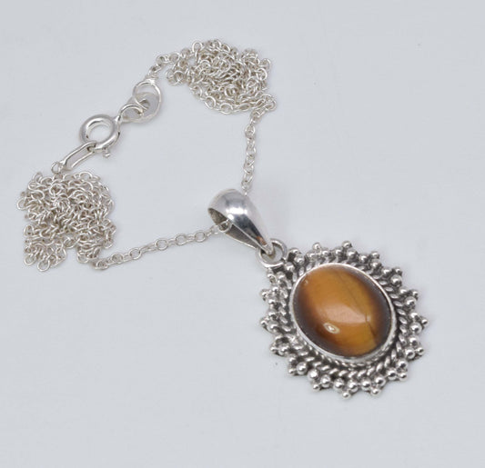 925 Solid Sterling Silver Tiger's Eye Chain Pendant-19.1 Inch