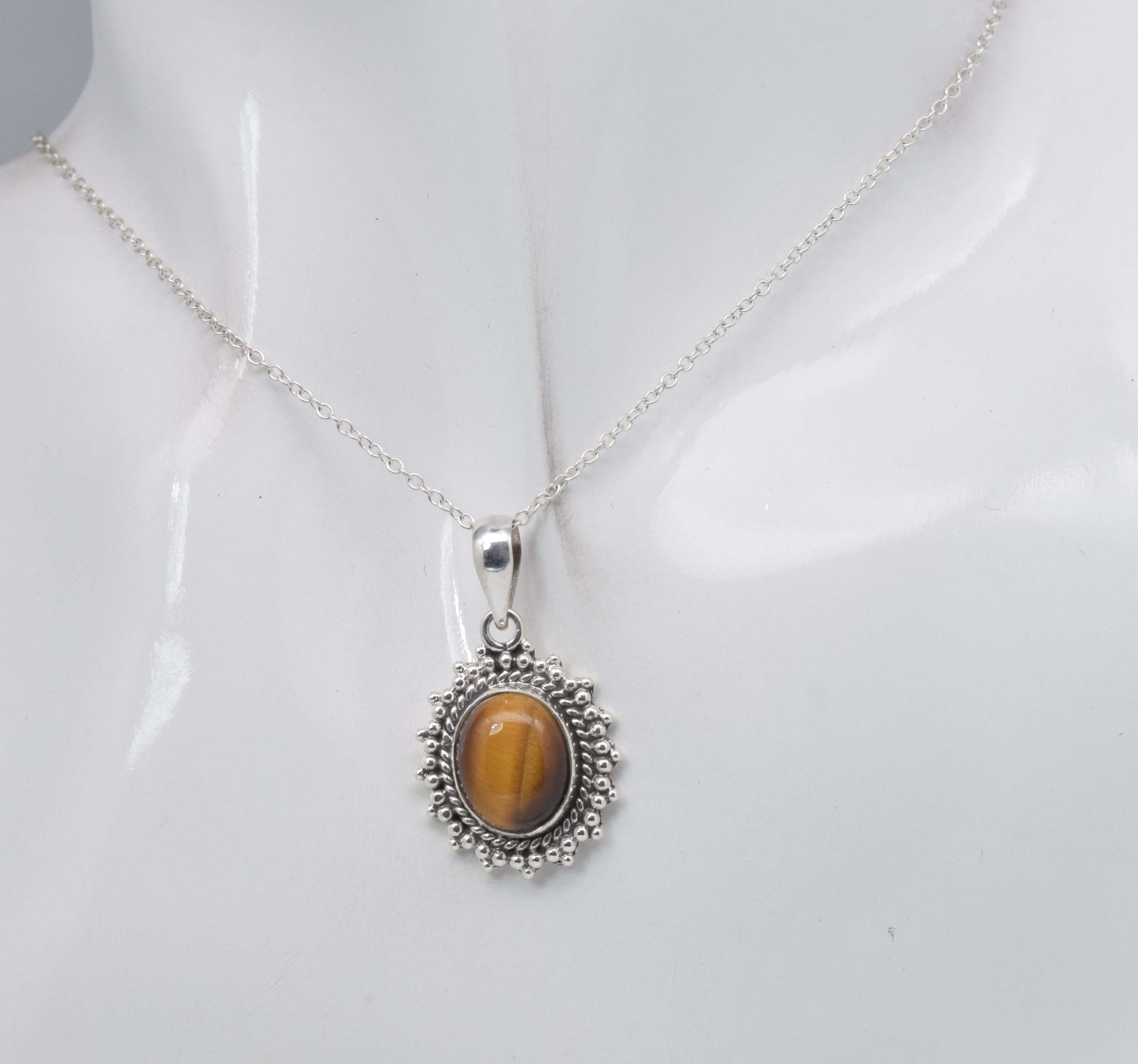 925 Solid Sterling Silver Tiger's Eye Chain Pendant-19.1 Inch