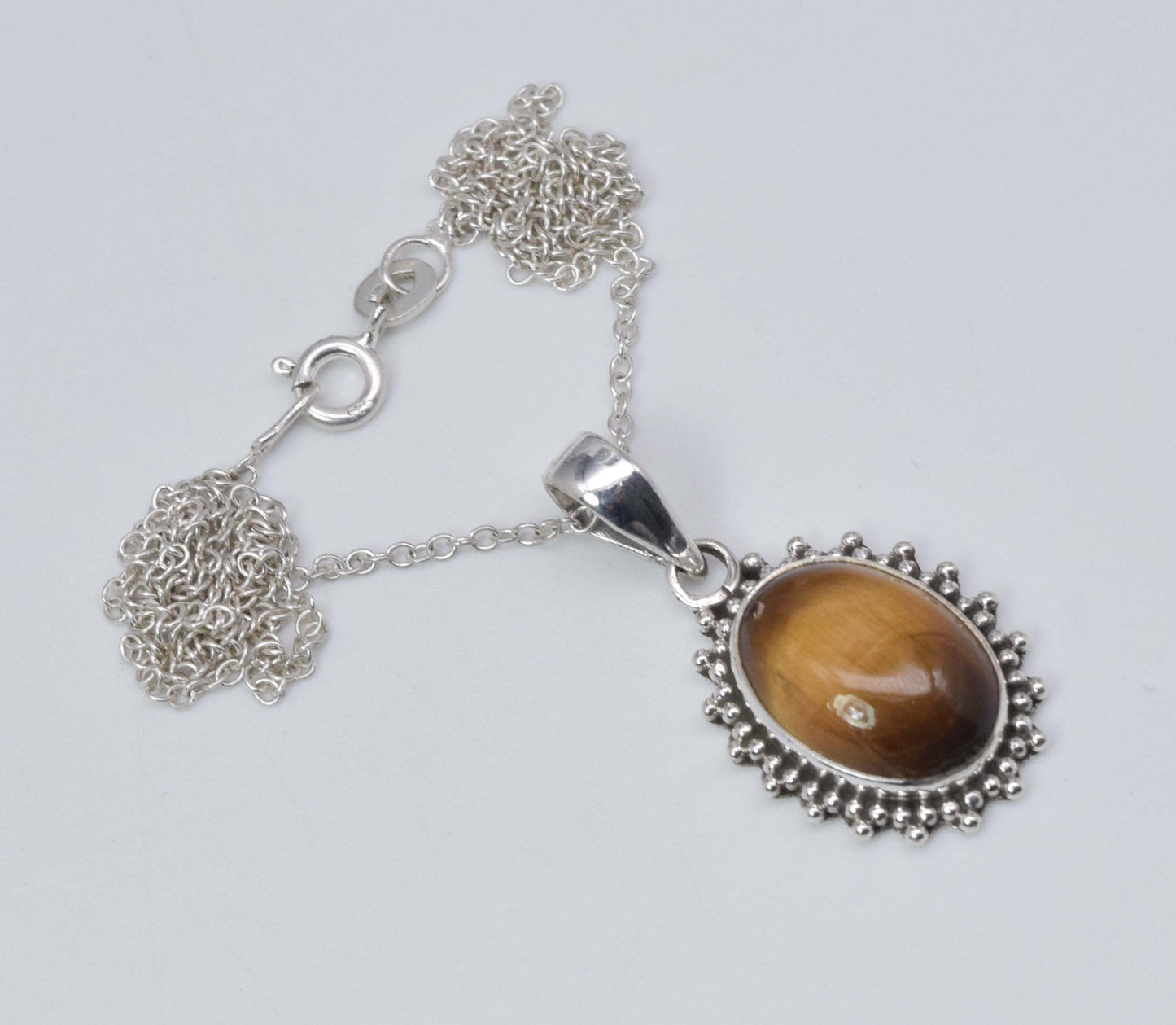 925 Solid Sterling Silver Tiger's Eye Chain Pendant-19.2 Inch
