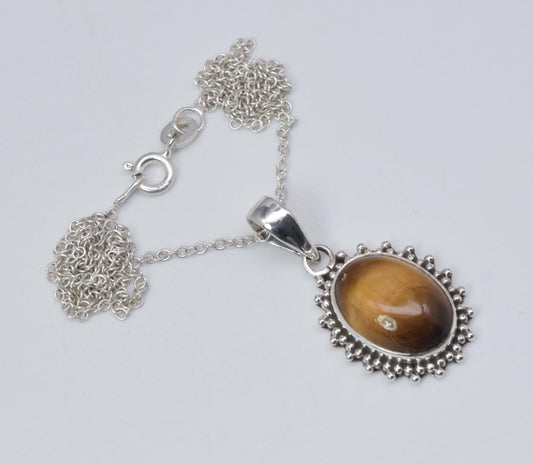 925 Solid Sterling Silver Tiger's Eye Chain Pendant-19.2 Inch