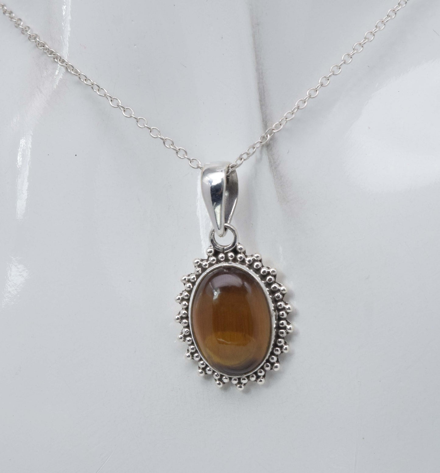 925 Solid Sterling Silver Tiger's Eye Chain Pendant-19.2 Inch