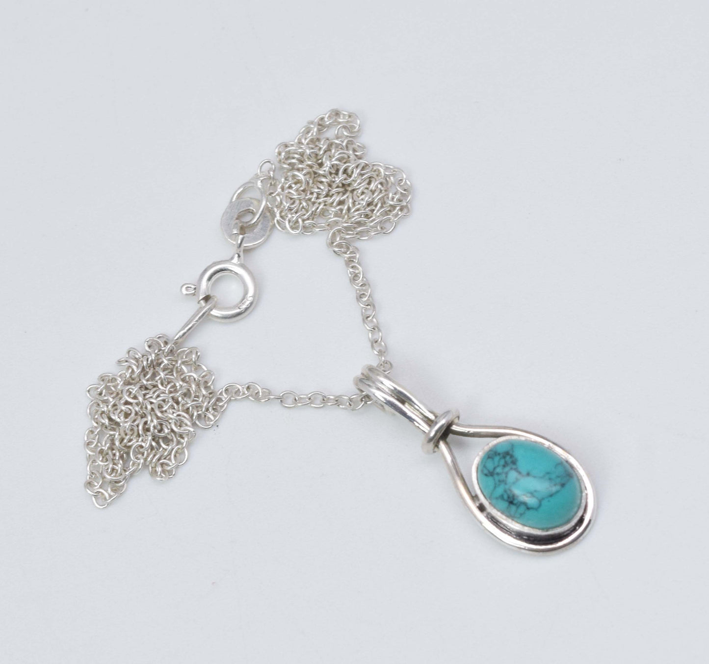 925 Solid Sterling Silver Blue Turquoise Chain Pendant-18.7 Inch