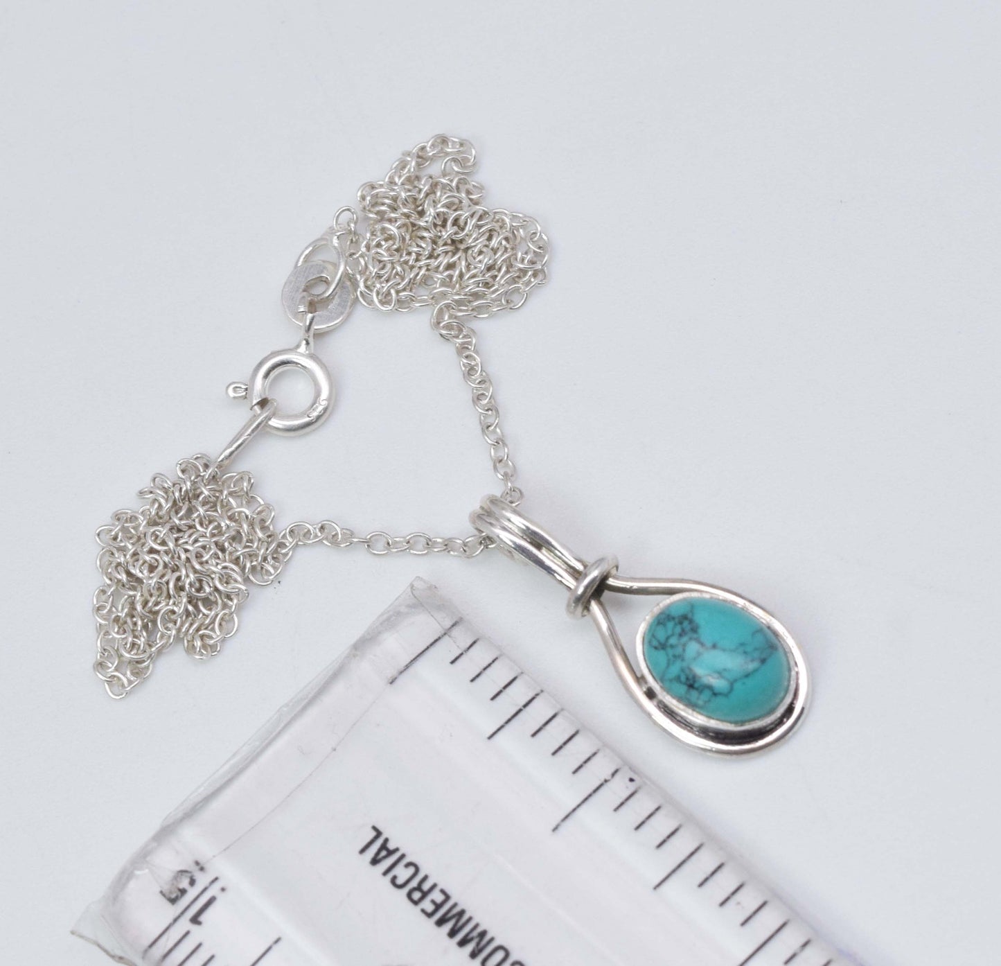 925 Solid Sterling Silver Blue Turquoise Chain Pendant-18.7 Inch