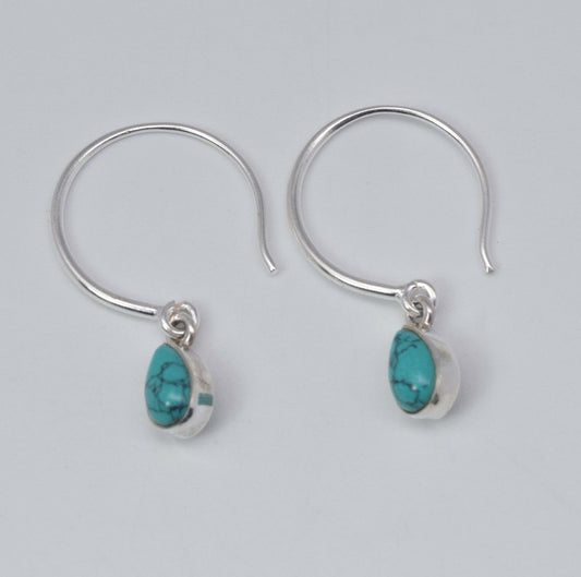925 Solid Sterling Silver Blue Turquoise Hoop Earring-1.2 Inch